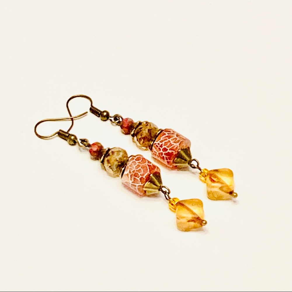 Rusty Orange Brown & Gold Fire Agate & Czech Glass Bohemian Bronze Earrings